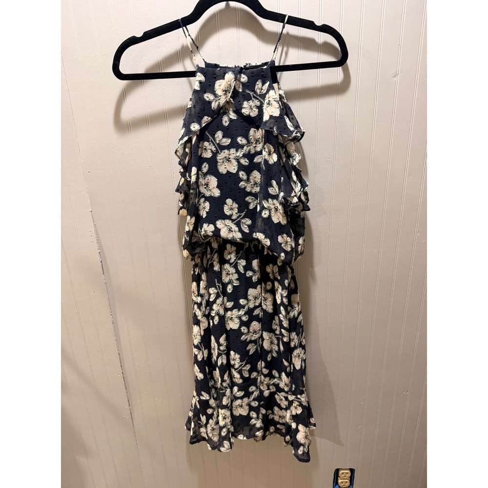 Moon River Navy Blue Floral Clip Dot Ruffle Halter Mini Dress XS